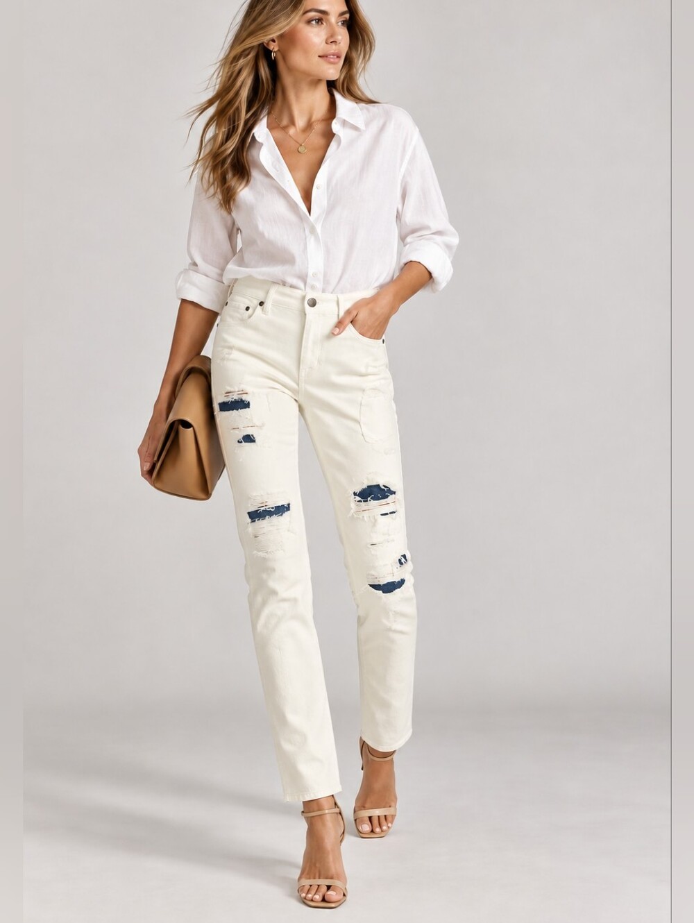 LRL RALPH LAUREN Distressed Patchwork White Denim Mid Rise Straight Ankle Jeans